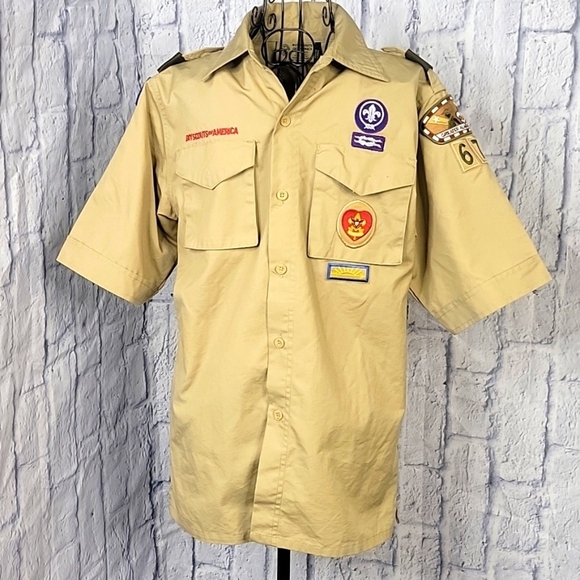 BOY SCOUTS‎ OF AMERICA Uniform Shirt Tan Button Up Short Sleeves Youth La… - Picture 1 of 9